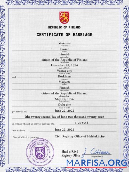 Printable Finland marriage certificate PSD template